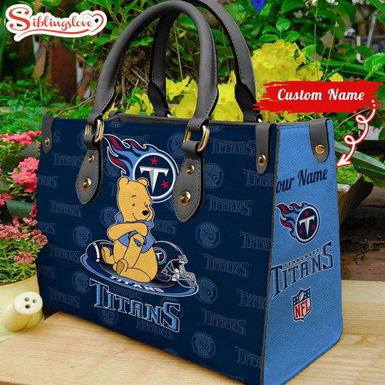 Discover Custom Name football Tennessee Titans Pooh Bear Leather Handbag For Fans