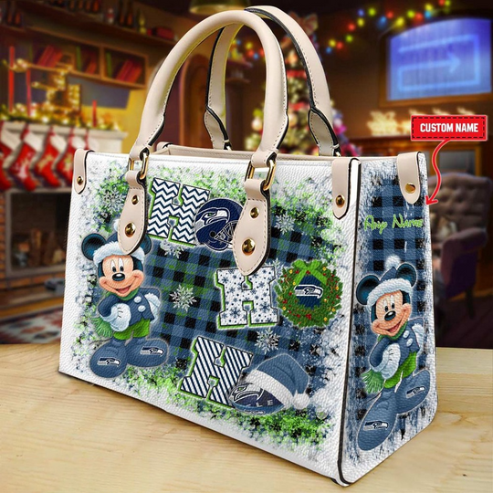 Discover Custom Name football Seattle Seahawks Mickey Ho Ho Ho Christmas Leather Handbag