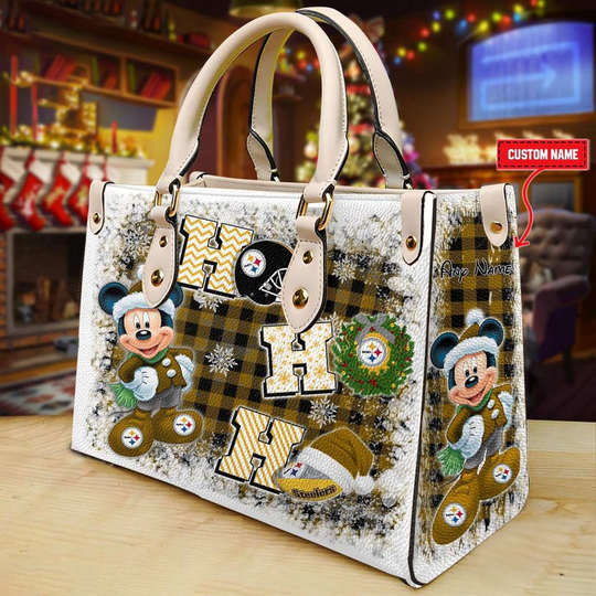 Discover Custom Name football Pittsburgh Steeler Mickey Ho Ho Ho Christmas Leather Handbag