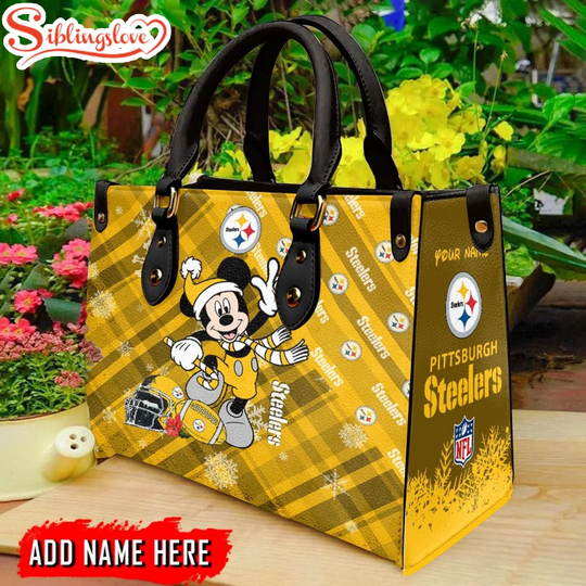 Discover Custom Name football Pittsburgh Steeler Mickey Mouse Christmas Leather Handbag