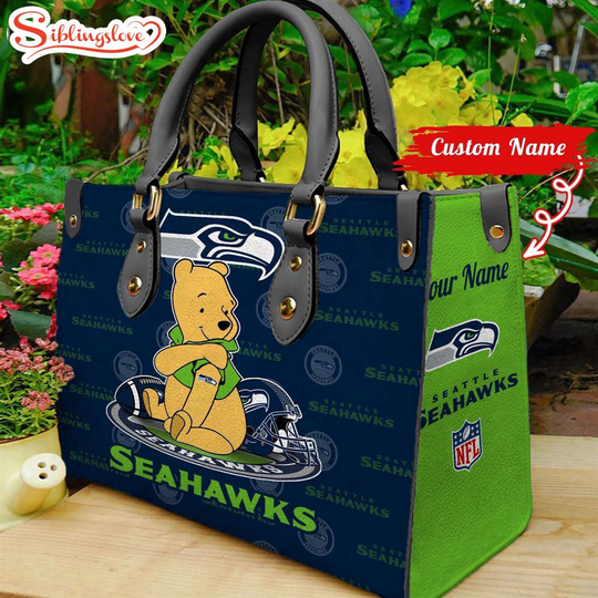 Custom Name football Seattle Seahawks Pooh Bear Leather Handbag For Fans