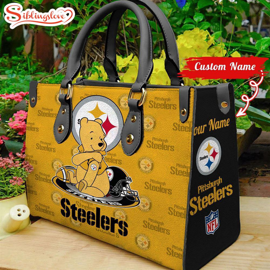 Discover Custom Name football Pittsburgh Steeler Pooh Bear Leather Handbag For Fans