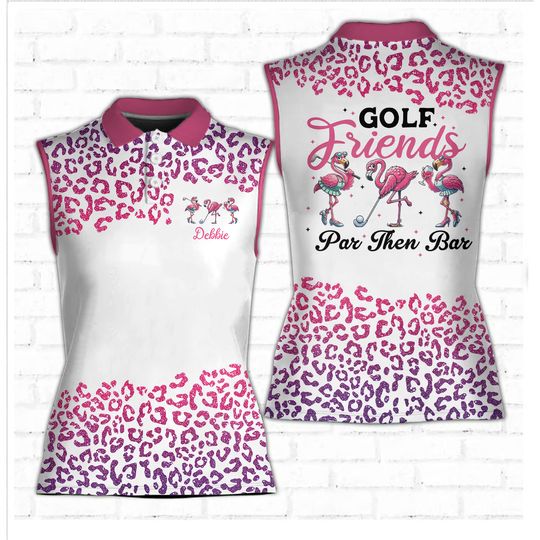 Personalized Pink Leopard Glitter Golf Polo Shirt, Custom Name Women Sleeveless Polo Shirt, Golf Friends Par Then Bar Flamingo Playing Golf