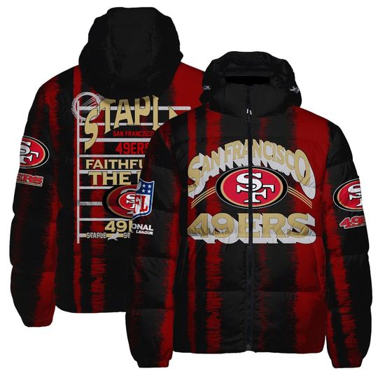 San Francisco 49ers Hooded Puffer Jacket, Football Fan Jacket, Outwear Cozy Jacket