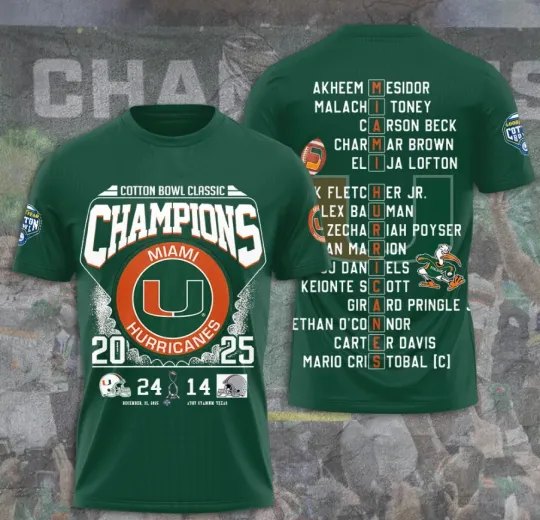 Discover Miami Hurriica-Nes Cotton Bowl Classic Champions 3D T-Shirt Fullsize Xs-5Xl