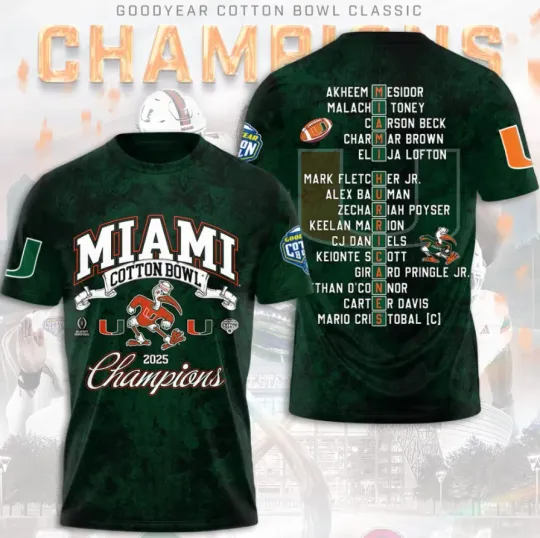 Discover Miami Hurriican-E Football Cotton Bowl Champions 3D T-Shirt Fullsize Xs-5Xl