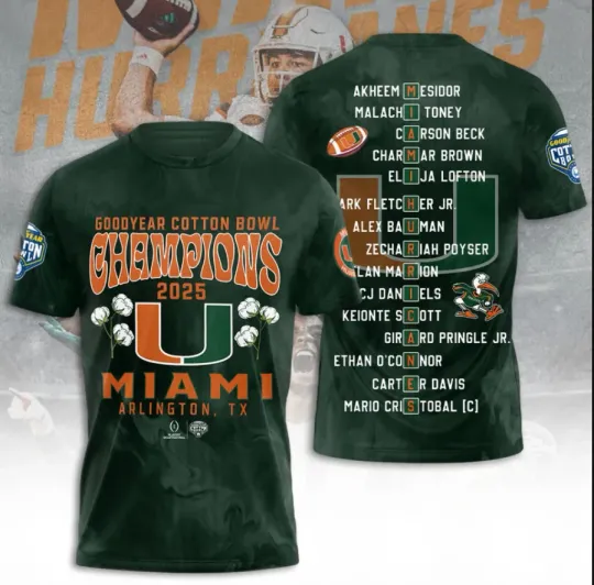 Discover Miami Hurriccan1E Football 2025 3D T-Shirt Fullsize Xs-5Xl