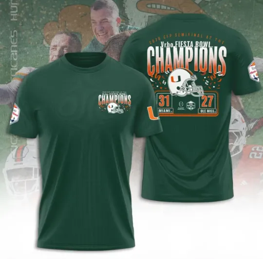 Discover Miami Hurricaane1 Fiesta Bowl Champions 2026 3D T-Shirt Fullsize Xs-5Xl