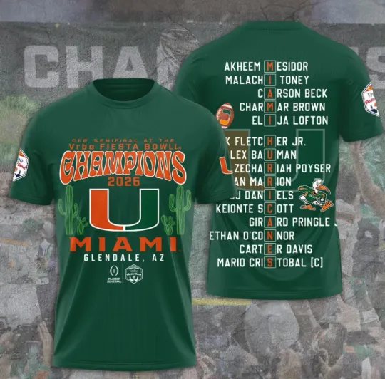 Discover Miamii Hurrica1Ne Vrbo Fiesta Bowl Champions 3D T-Shirt Fullsize Xs-5Xl
