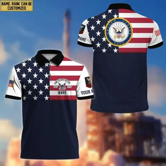 Discover Custom Name Rank Us Navy Military Polo Shirt All Over Printed 3D T-Shirt S-5XL