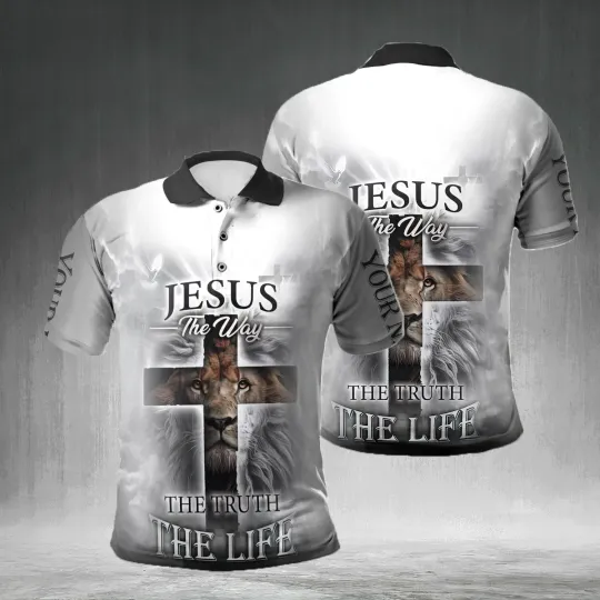 Discover Jesus Lion One Cross Christian All Over Printed Polo Shirt Full Size S-5XL