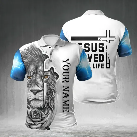 Discover Personalized Name Lion Rose Jesus Christian Polo Shirt for Men