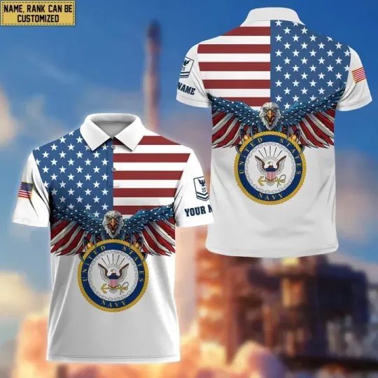 Custom Name US Navy Veteran Military Polo Shirt for Men