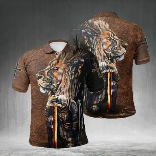 Discover Knight Templar God Jesus And Lion All Over Printed Polo Shirt Full Size S-5XL
