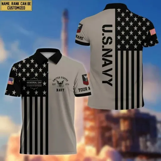 Discover Custom Name Rank Us Navy Military Polo Shirt for Men