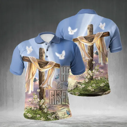 Discover He Is Risen Cross Dove Easter Lily Jesus Christian AOP Polo Shirt S-5XL