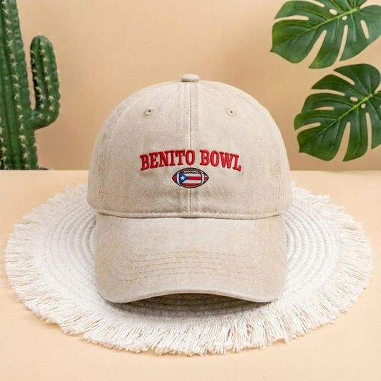 Discover Benito Bowl Embroidered Baseball Cap, Vintage Beige Denim Sports Hat, Aesthetic Football Fan Gift