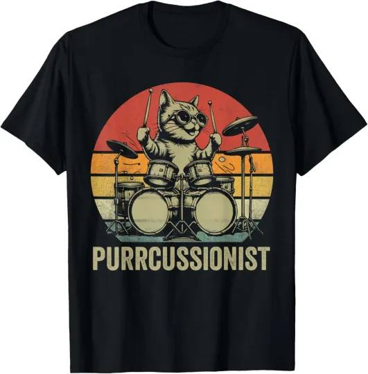 Discover Kitten Rock Playing Drums Retro Drummer Cat Purrcussionist T-Shirt