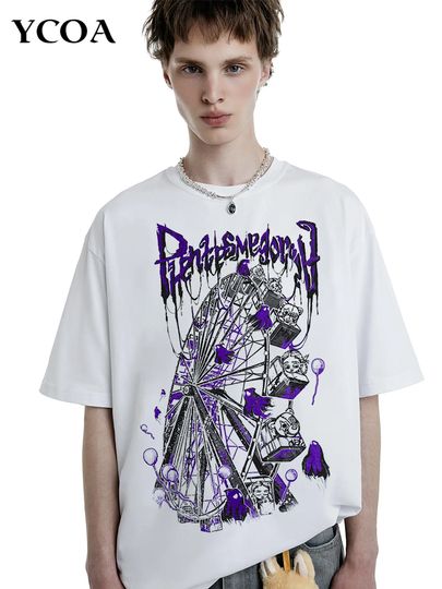 Discover Men T-Shirt Ghost Wheel Graphic Cotton Oversized Print Vintage Harajuku Short Sleeve Tops Tees Aesthetic Y2k Streetwear Clothing