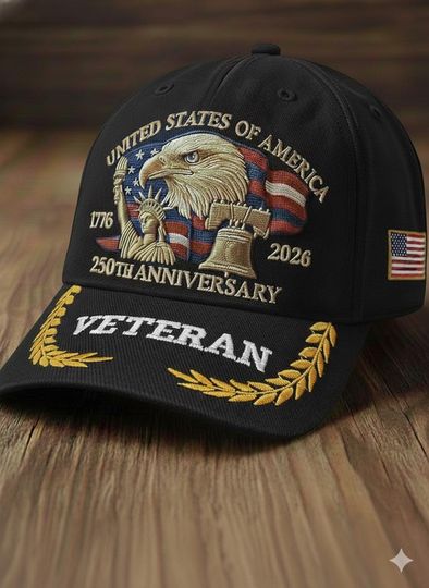Patriotic Veteran Embroidered Hat, 250th Anniversary USA Cap 1776-2026, Bald Eagle Military Veteran Gift, American Pride Cap for Men
