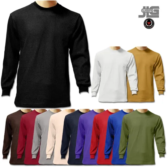 Discover Men Heavy Weight Plain Thermal Long Sleeve New Waffle Shirts Solid Colors
