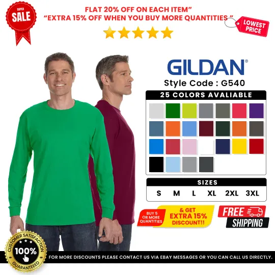 Discover Gildan G540 Men's Heavy Cotton Preshrunk T Shirt Long Sleeve Crew Neck T-Shirt