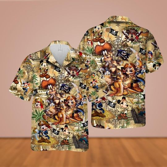 Discover Disney Pirate Hawaiian Shirt, Mickey And Friends Treasure Map Button Shirt, Mickey Cruise Aloha Shirt, Mickey Goofy Pluto Summer Shirts