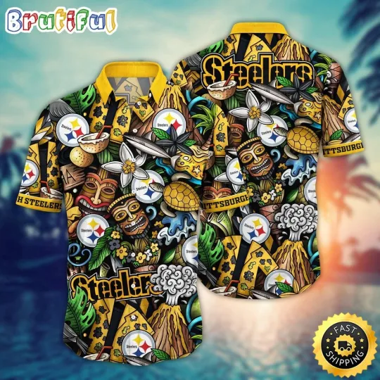 Discover football Pittsburgh Steeler Hawaiian Shirt Flower Tiki Me Off Aloha Shirt