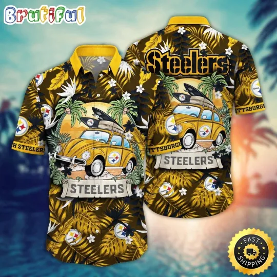 Discover football Pittsburgh Steeler Hawaiian Shirt Car Palm Tree Aloha Shirt