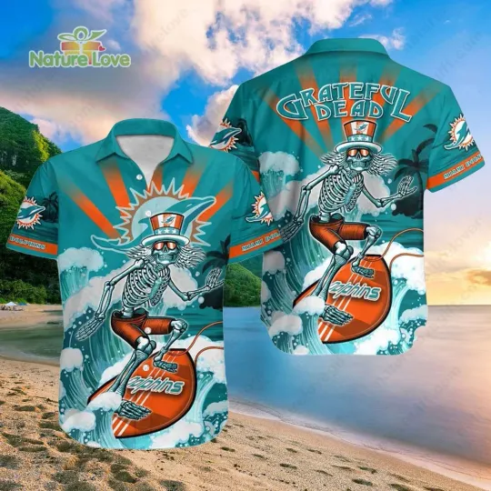 Miami Dolphins Skeleton Grateful Dead Surfing Dolphins Hawaiian Shirt