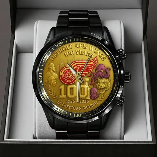 Discover DetroitRed Wing 100th Anniversary 2026 Black Stainless Steel Watch Fan Gift