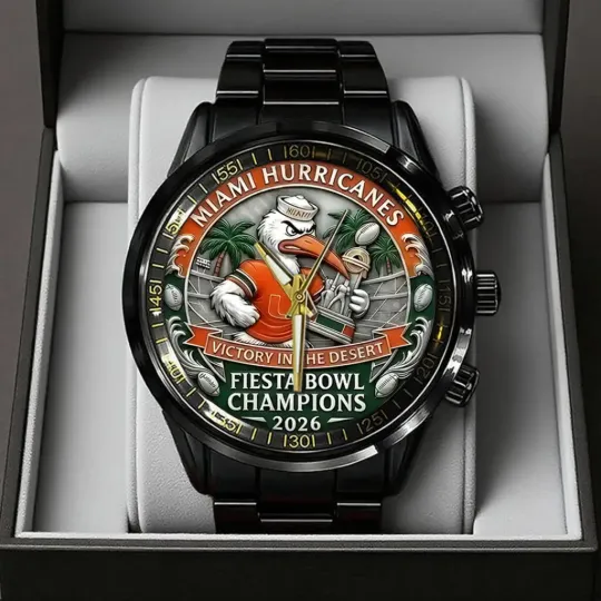 Discover Hurricanes Football 2026 Fiesta Bowl Champions Black Stainless Steel Watch –