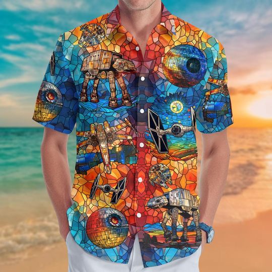 Discover Star Wars Stained Glass Button Shirt, Star Wars Movie Hawaiian Shirt, Disney Spaceship Shirts For Men, Star Wars Movie Lovers Gifts