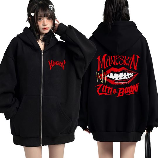 Discover Italian Rock Band Maneskin Mouth Zipper Hoodies Men Women Oversized Casual Cardigan Zip Up Hoodie Fashion Retro Streetwear Coats