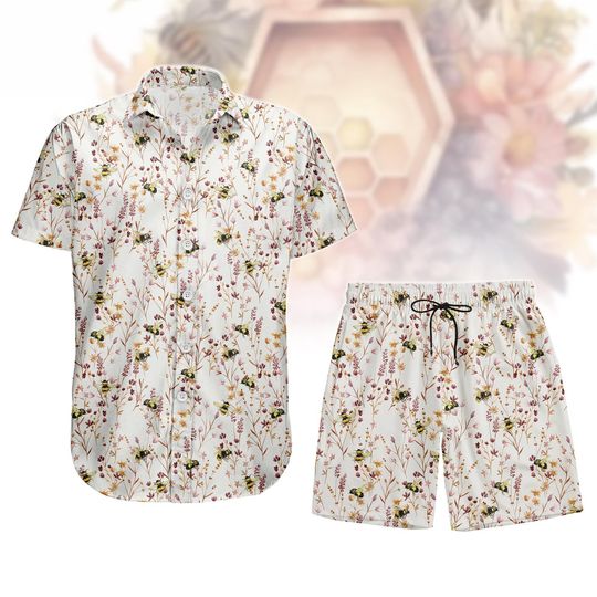 Discover Vintage Bee Botanical Button Shirt, Unisex Shorts, Bee Flower Hawaiian Shirt, Floral Honey Bees Shirt, Bee Lovers, Bumblebees Shirt