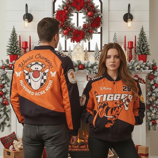 Printed Disney Winnie The Pooh Tigger Baseball Jacket, Hundred Acre Wood Racing Bomber Jacket, Disney Jacket Matching Trip Outfits