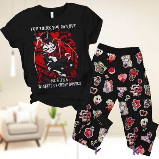 Discover Husk Hazbin Hotel T-Shirt & Pants Pajamas Set, Hazn Anime Manga Shirt, Hazbin Hotel Alastor, Hazbin Hotel Husk Sleepwear, Anime Lovers Shirt