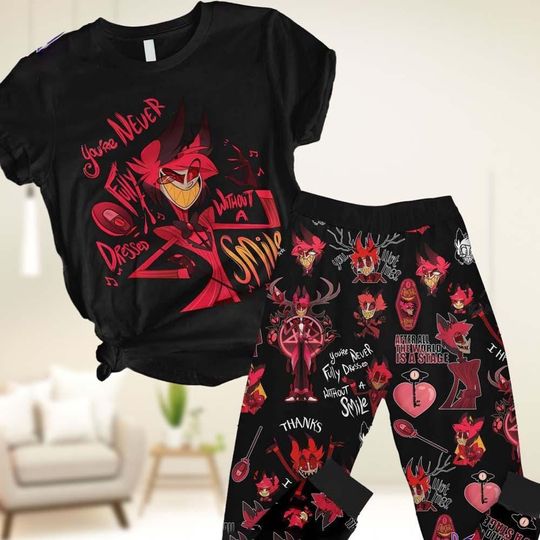 Discover Hazbin Hotel Alastor T-Shirt & Pants Pajamas Set, Alastor Youre Never Fully Dressed Without A Smile Sleepwear Set, Gift For Man and Woman