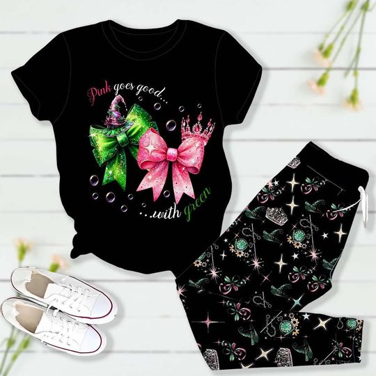 Discover Pink Goes Good With Green T-Shirt & Pants Pajamas Set, Wicked Holiday Pajamas, Elphaba Glinda Coquette Bows Shirt, Wizard Of Oz