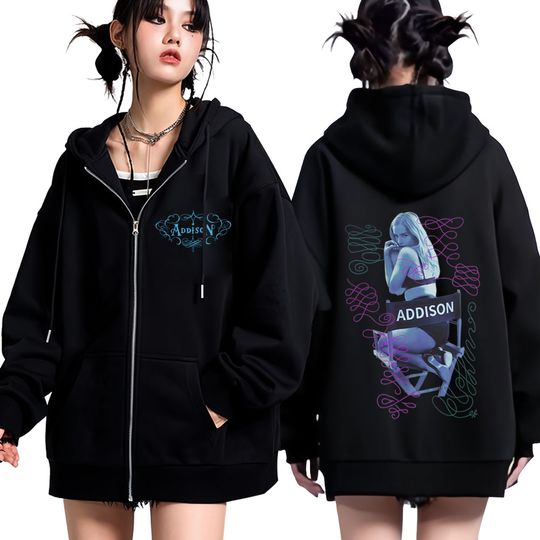 Discover Addison Rae Double-sided Print Vintage Zipper Hoodies Men Women Oversized Fashion  Long Sleeve Aesthetics Zip Up Sweatshirts Top