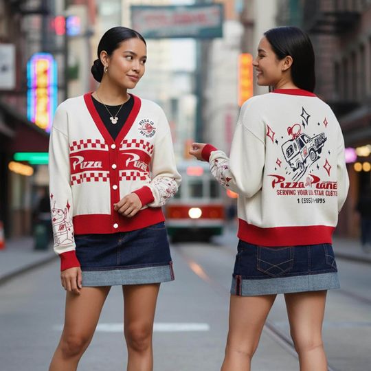 Vintage Alien Pizza Planet Logo Print Cardigan, Pixar Toy Story Pizza Planet Cardigan, Disney Toy Story Button Up, Magical Kingdom Outfit