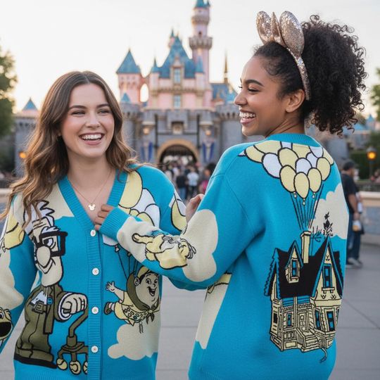 Retro Carl Russell And Dug Adventure Print Cardigan, Pixar Up Floating House Outfit, Disney Wilderness Explorer Gift, Paradise Falls Outfit