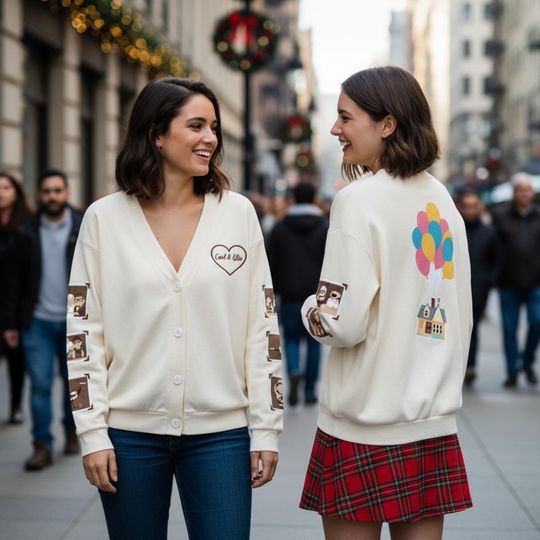 Discover Retro Carl and Ellie Memories Photographs Print Cardigan, Pixar Up Floating House Cardigan, Disney Wilderness Explorer Gift, Gift For Couple