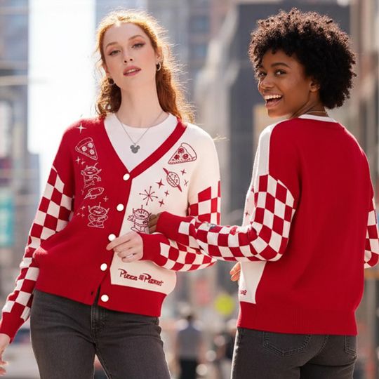 Discover Disney Pixar Toy Story Pizza Planet Checkered Print Cardigan, Disney Alien Pizza Planet Cardigan, Handmade Kawaii Cardigan for Women