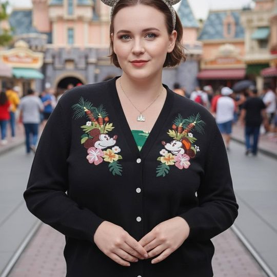 Disney Mickey Mouse & Minnie Mouse Tropical Print Cardigan, Disney Couple Valentine Cardigan, Handmade Kawaii Cardigan for Women