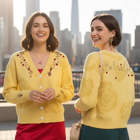 Disney Beauty And The Beast Icon Rosette Print Cardigan, Enchanted Rose Lumiere Chip Mrs Potts Cardigan, Handmade Kawaii Cardigan for Women