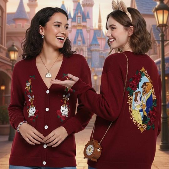 Disney Beauty And The Beast Enchanted Objects Girls Print Cardigan, Disney Belle & Beast Cardigan, Handmade Kawaii Cardigan for Women