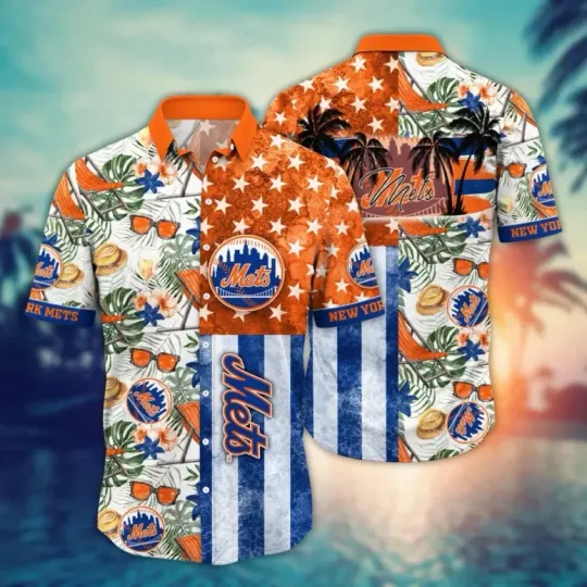 Discover New York Mets Monstera Leaves American Flag Hawaiian Shirt