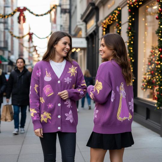 Disney Tangled 15Th Anniversary Cardigan, Purple Rapunzel Pascal Lantern Cardigan, Disney Winter Matching Trip Outfits