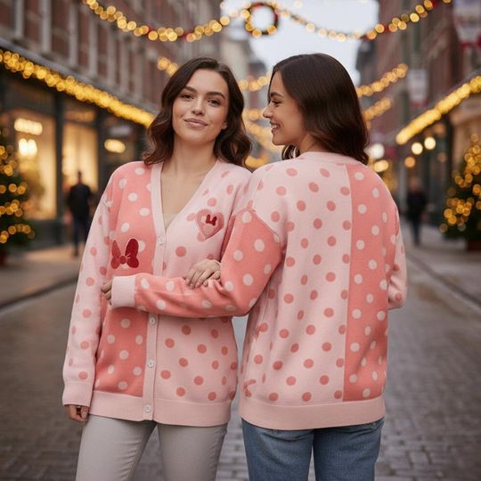 Discover Cute Minnie Mouse Pink Polka Dot Heart Print Cardigan, Disney Minnie Valentine Cardigan, Happy Valentine's Day Outfit, Gift For Girls